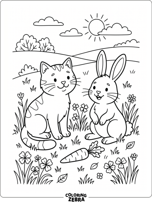 A cat and a rabbit sitting in grass