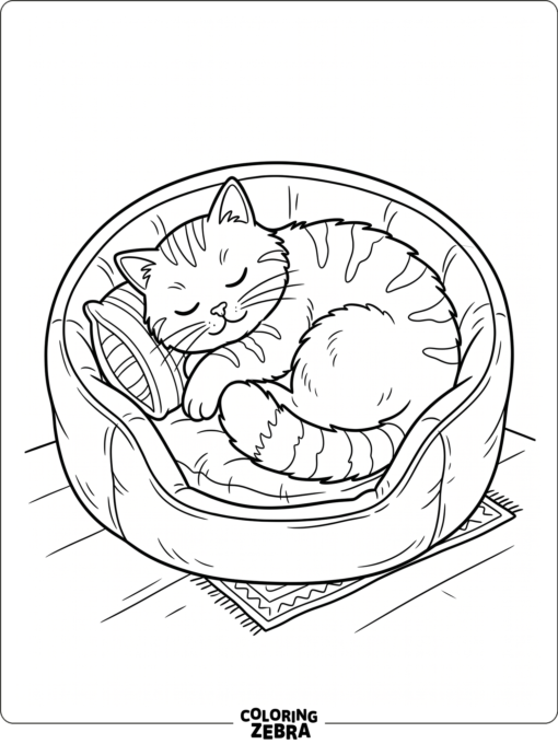 A cat curls up in a soft bed with a pillow
