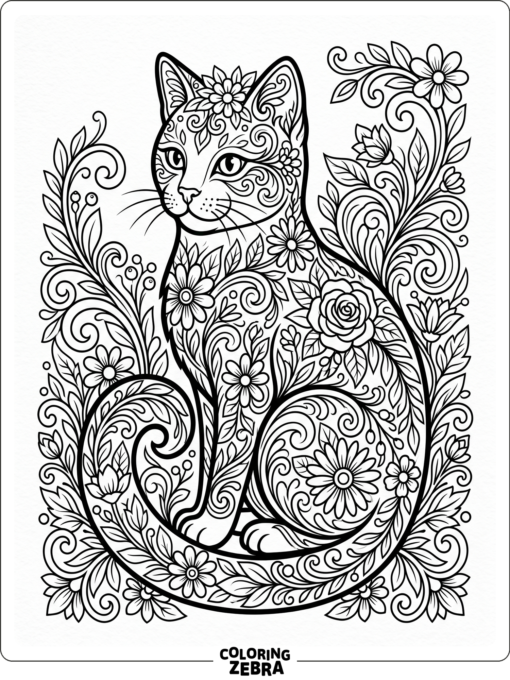 A decorative cat with flowers and swirls for adults