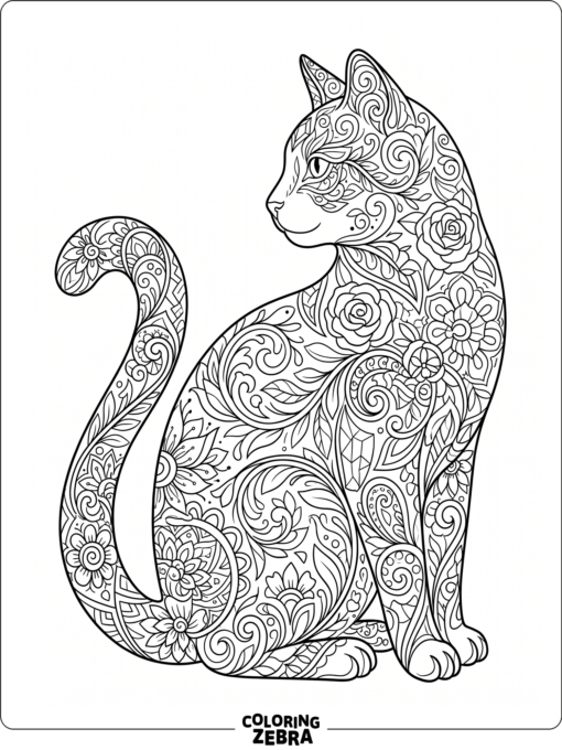 A cat silhouette filled with swirls, flowers, and shapes