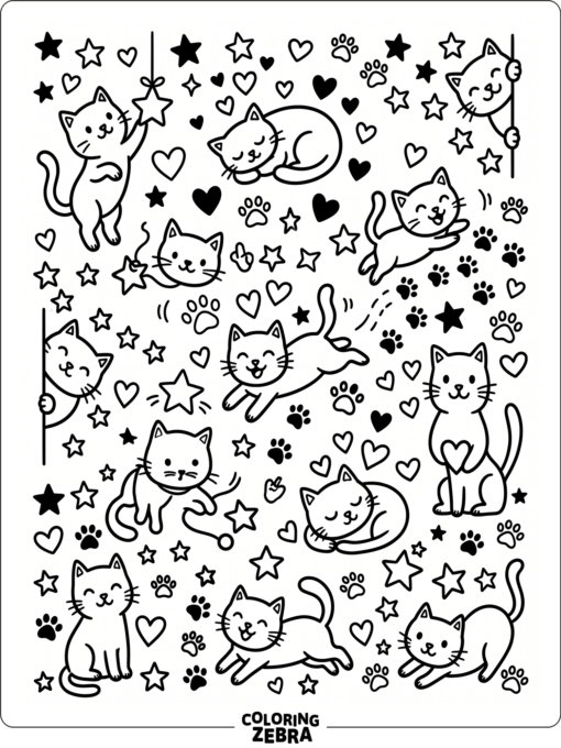A doodle-style cat surrounded by stars, hearts, and paw prints