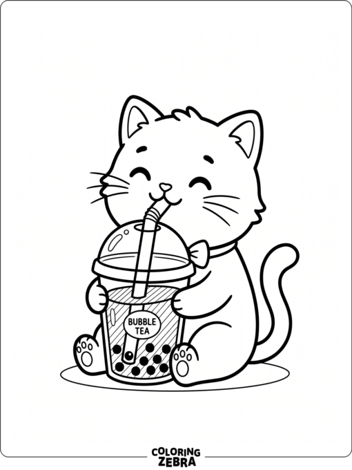 A cat drinks boba from a cup with a straw