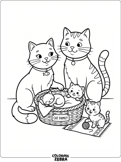 A cat family with two adults and three kittens