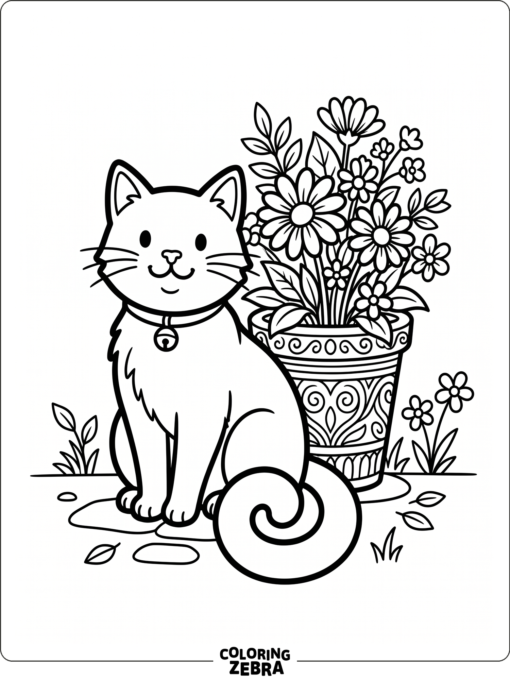 A cat sitting beside a flower pot with a curled tail