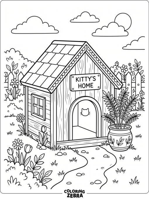 A small cat house with a cat door and plant