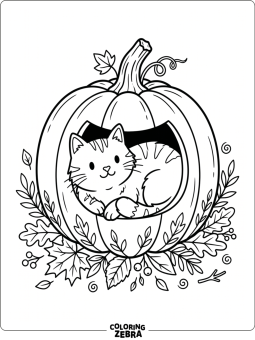 A cat sits inside a pumpkin with leaves