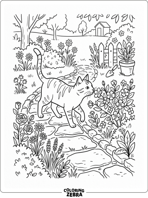 A cat explores flowers along a garden path