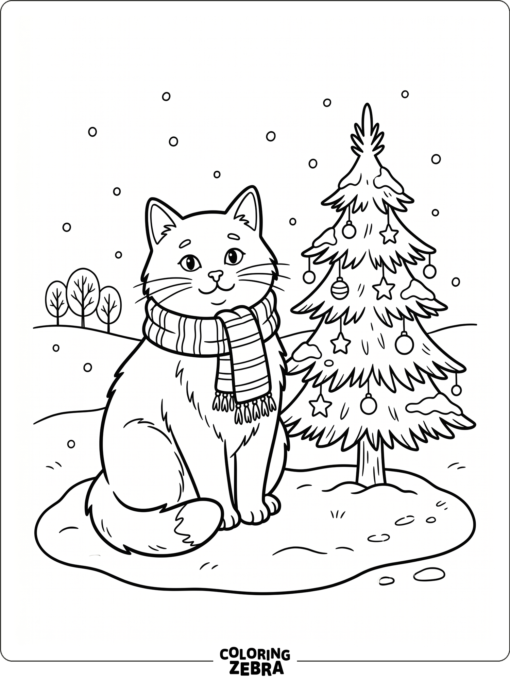 A cat sits in snow with a scarf and tree