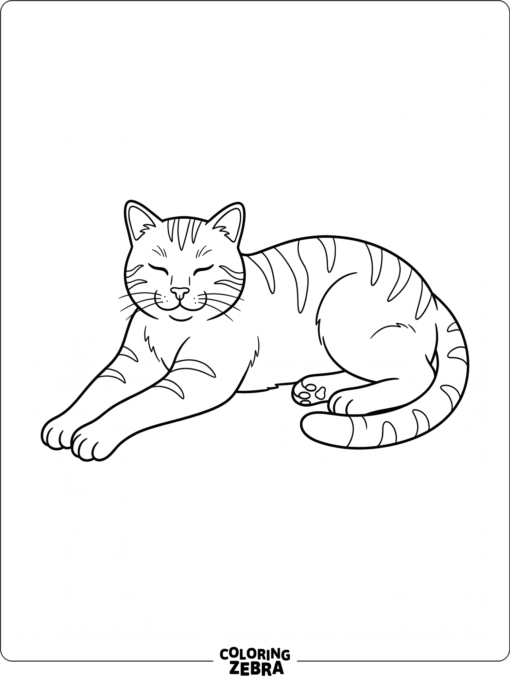 A cat lying down with stretched front paws