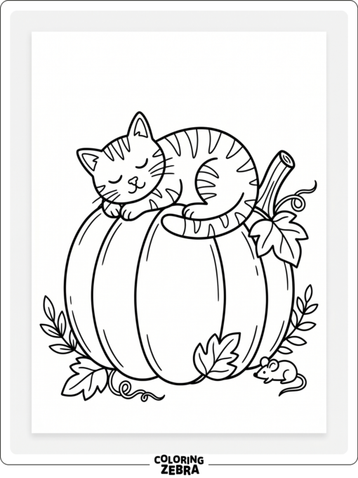 A cat rests on a pumpkin