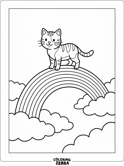 A cat stands on a rainbow with clouds