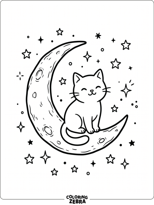 A cat sits on the moon with stars around it