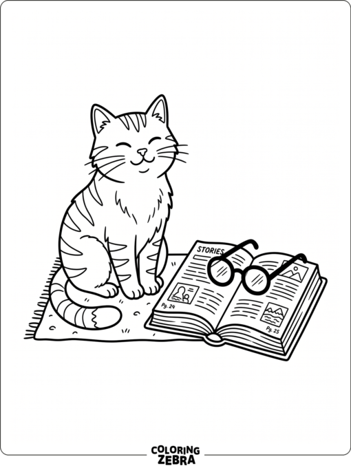 A cat sits by an open book and glasses
