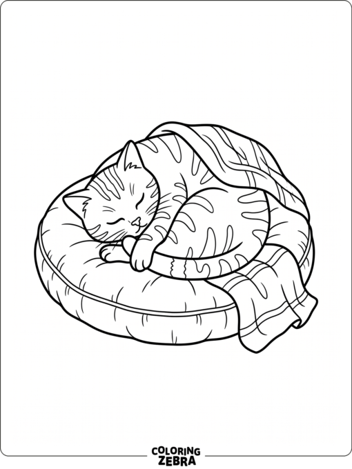 A sleeping cat curled up on a cushion