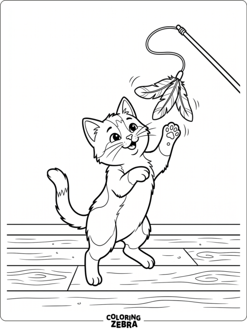 A cat plays with a feather toy on the floor