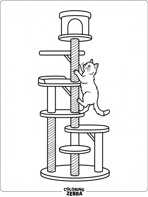 A cat climbs a multi-level cat tree