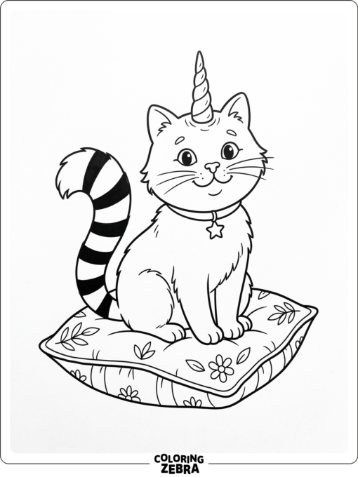 A cat with a unicorn horn on a cushion