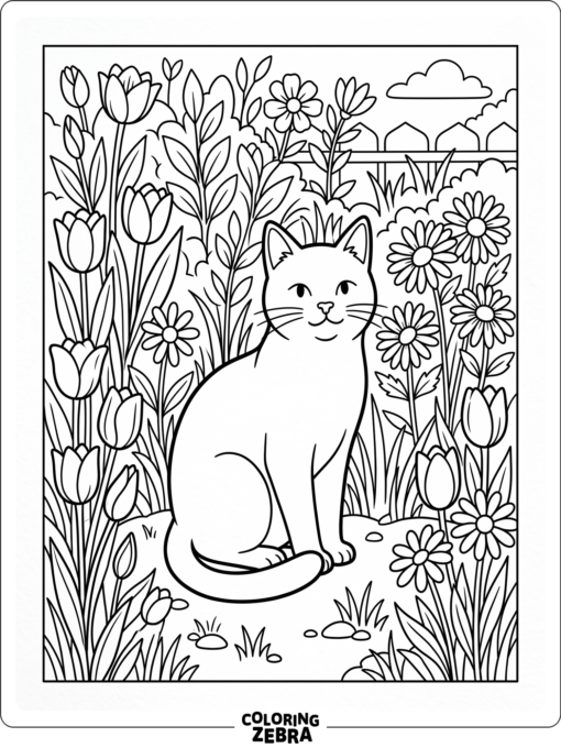 A cat sits among flowers in a simple garden