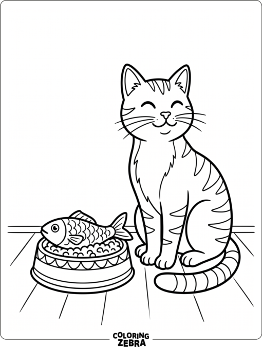 A cat sits near a bowl of food and a fish treat