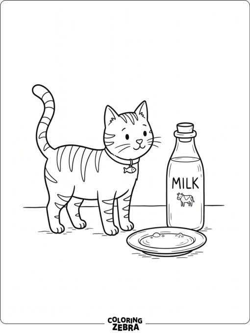 A cat stands next to a milk bottle and saucer