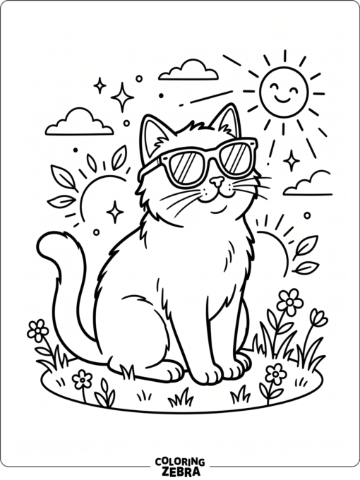 A cat wears sunglasses and sits in the sun