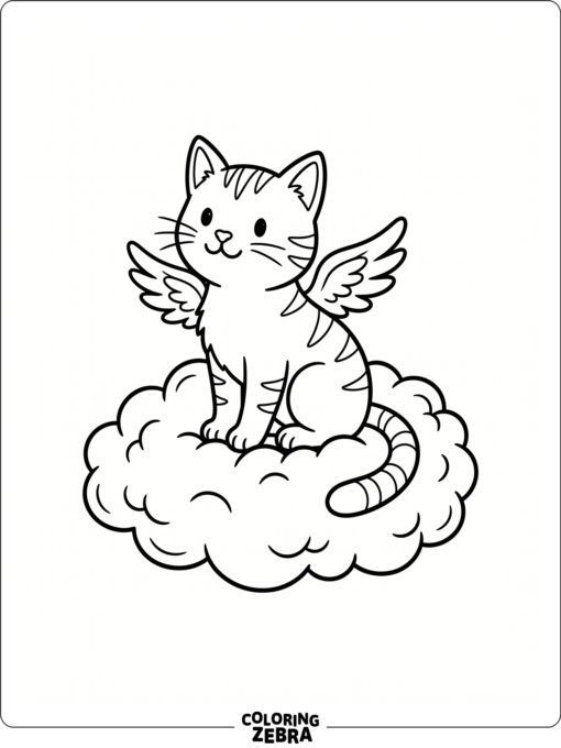 A cat with wings sits on a cloud