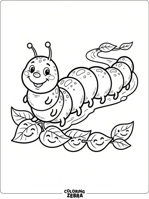 A cheerful caterpillar with simple round segments and a leaf beside it