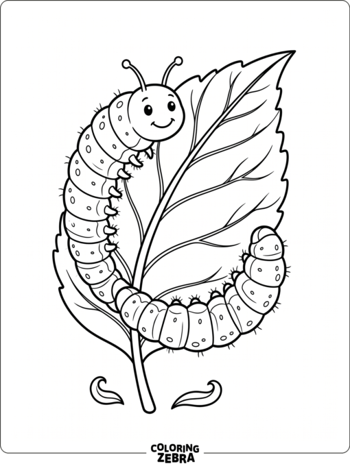 A caterpillar curled around a leaf in clean black outlines