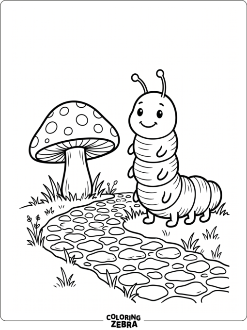 A caterpillar standing near a mushroom and a pebble path