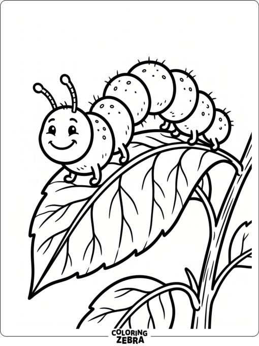 A cheerful caterpillar on a leaf with simple bold outlines