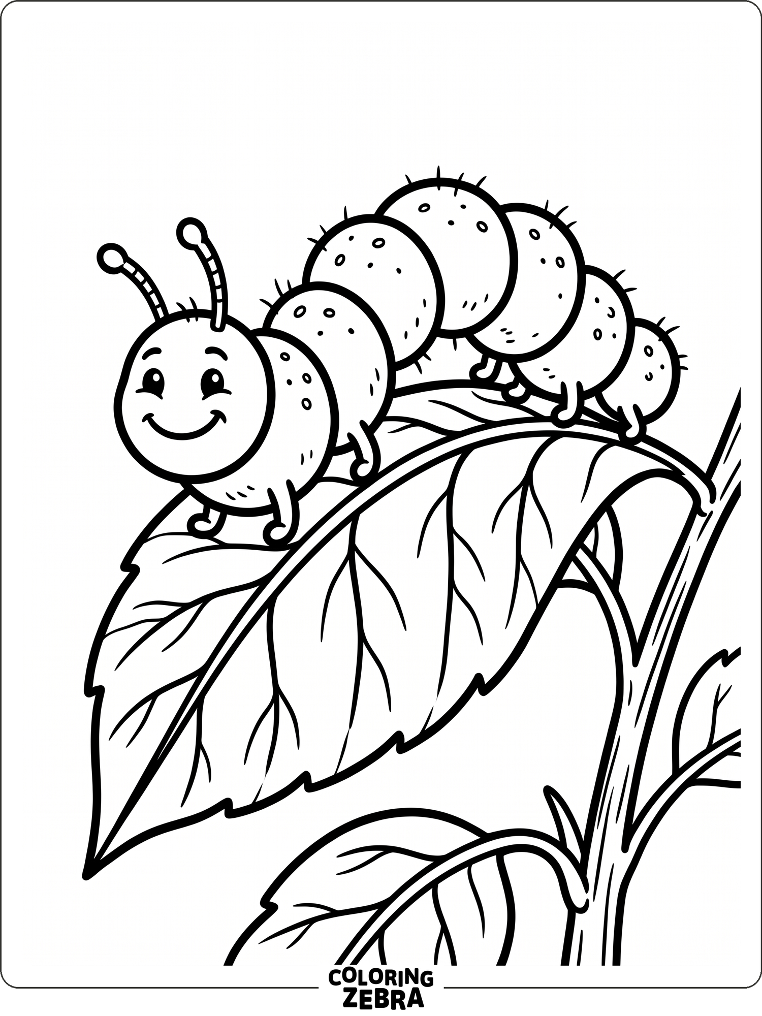 A cheerful caterpillar on a leaf with simple bold outlines