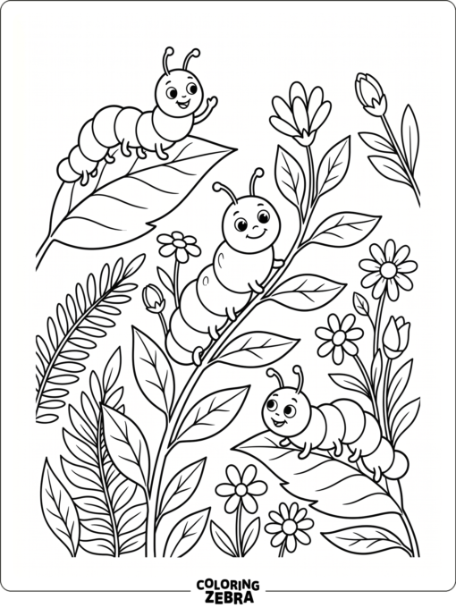 Three caterpillars on leaves with flowers