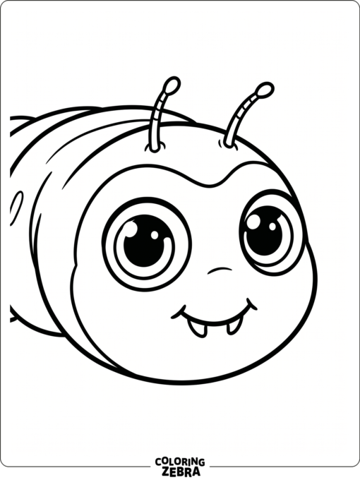 A caterpillar head with big eyes and short antennae