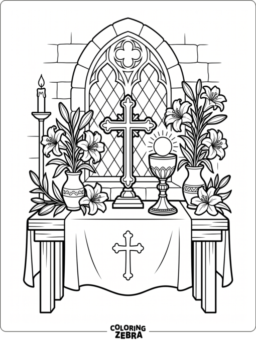 Cross, chalice, and lilies on a simple altar