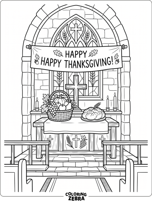 A church altar with bread, grapes, and a banner