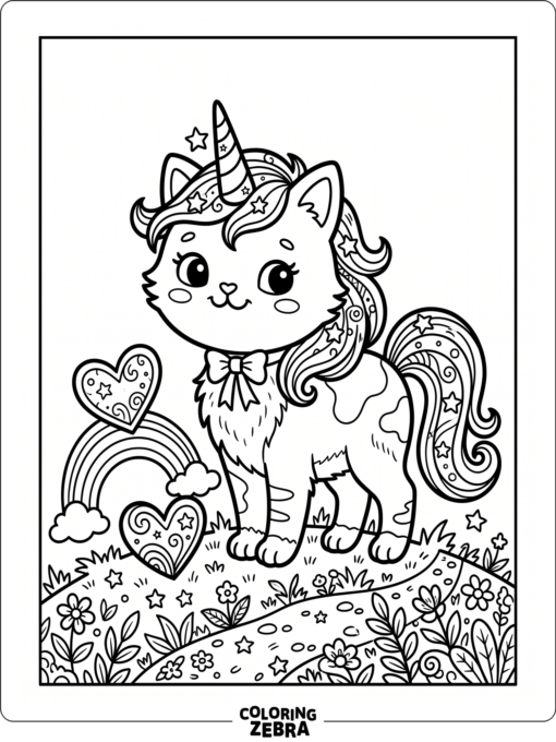 A caticorn standing beside a small rainbow and heart