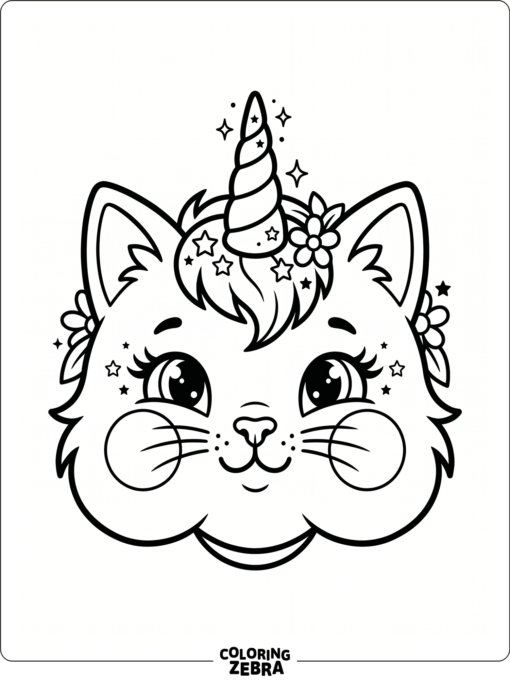 A caticorn face with round cheeks and a centered horn