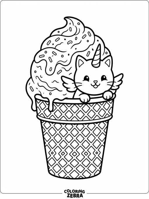 A caticorn peeking out of a giant ice cream cone