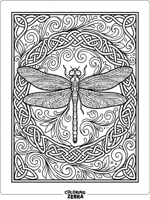 A dragonfly surrounded by Celtic knot patterns