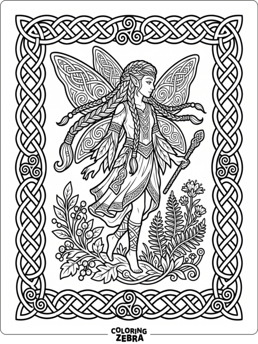 A Celtic fairy with braided hair and knotwork
