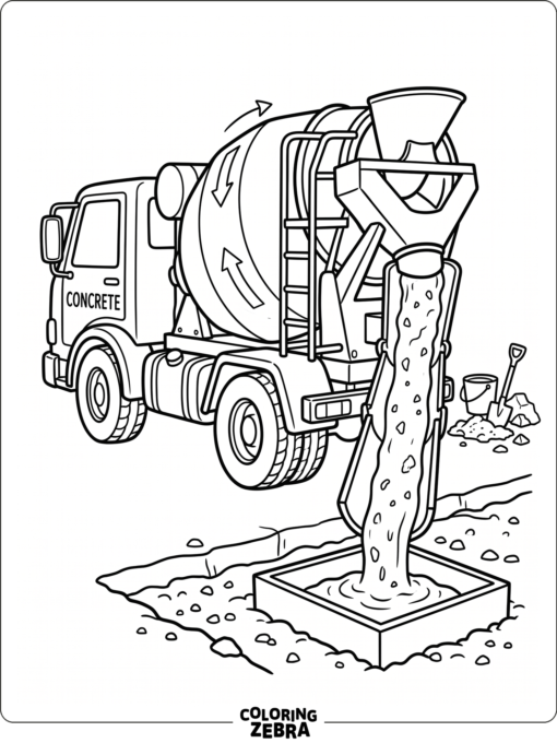 A cement truck with a rotating drum and pouring chute