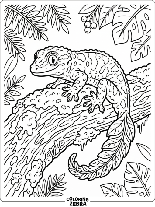 A chahoua gecko rests on mossy bark with a leafy tail