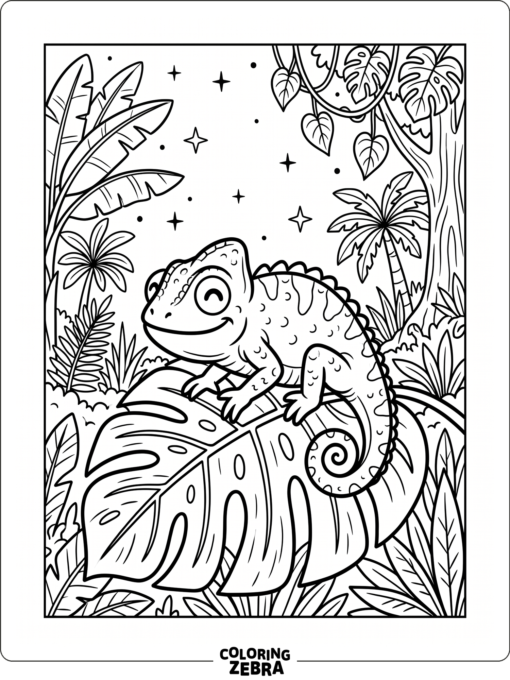 A smiling chameleon on a leaf