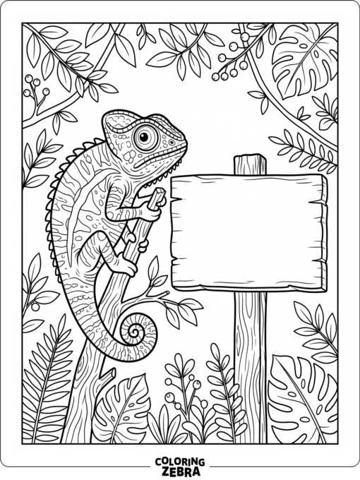 A chameleon next to a blank sign