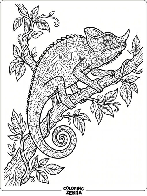 A chameleon sitting on a vine with clean outlines