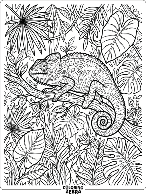 A chameleon resting among tropical leaves