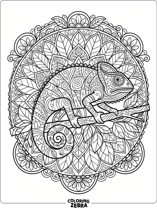 A chameleon framed by mandala leaves