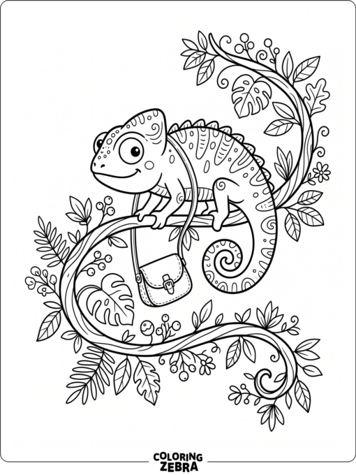 A playful chameleon on a vine with a small satchel