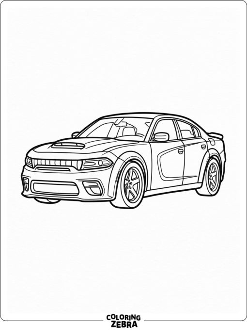 A wide muscle sedan with a hood scoop and flared fenders