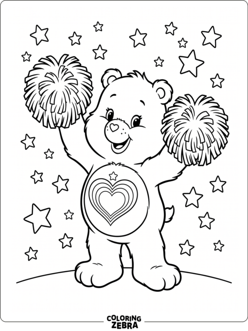 A smiling bear holding pom poms